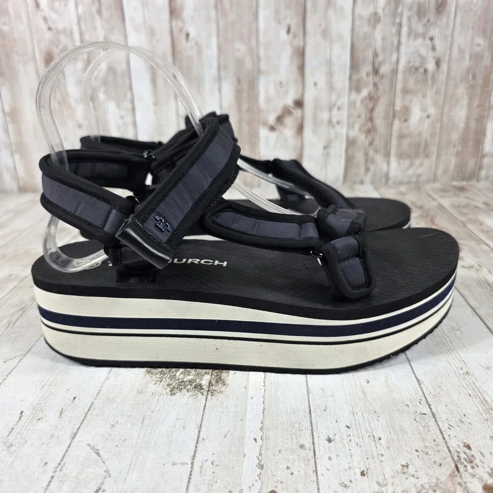 Tory Burch Womens Navy Black Striped Platform Sport‎ Sandals Size 9M Strappy
